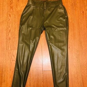 High waist olive green faux leather leggings